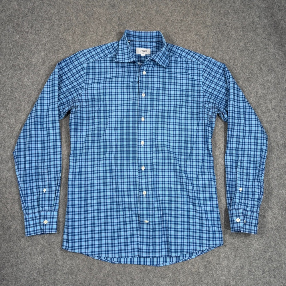 Eton Blue Plaid Slim Fit Contemporary Button Down Shirt Men's Size Large